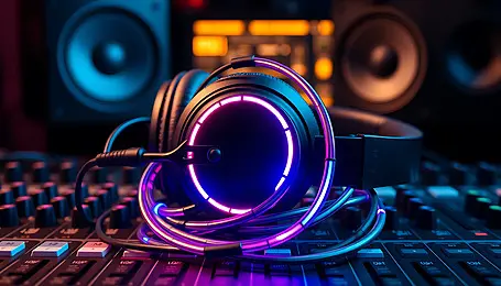 pngtree-neon-lit-headphones-rest-on-dj-mixing-console-with-speakers-image_17828776